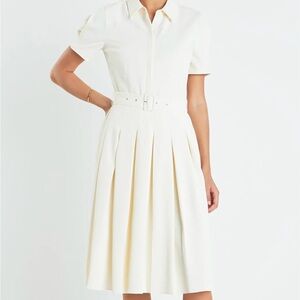 Elegant Pleated Cream Belted Midi Dress